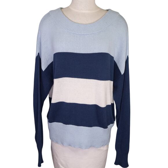 Lucky Brand Sweater Womens Large Blue White Stripe Cotton Colorblock Nautical - Picture 1 of 12